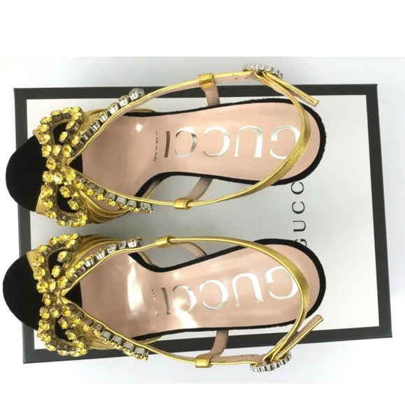 GUCCI Zephyra Crystal Embellished Ankle Strap Sandals Block Heel pump 38.5 sz 8 - Picture 2 of 15